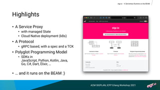 ACM SIGPLAN, ICFP Erlang Workshop 2021
Highlights
• A Service Proxy
• with managed State
• Cloud Native deployment (k8s)
•...