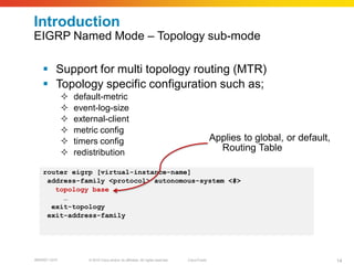 Introduction
EIGRP Named Mode – Topology sub-mode

    Support for multi topology routing (MTR)
    Topology specific configuration such as;
                 default-metric
                 event-log-size
                 external-client
                 metric config
                 timers config                                                                 Applies to global, or default,
                 redistribution
                                                                                                  Routing Table

    router eigrp [virtual-instance-name]
     address-family <protocol> autonomous-system <#>
       topology base
         …
      exit-topology
     exit-address-family




BRKRST-3372           © 2010 Cisco and/or its affiliates. All rights reserved.   Cisco Public                                    14
 