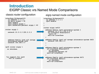Introduction
    EIGRP Classic vrs Named Mode Comparisons
classic router configuration                                                eigrp named mode configuration
interface Eithernet0/0                                                interface Eithernet0/0
   ip address 1.1.1.1                                                    ip address 1.1.1.1
   ip hello eigrp 1 30                                                   ipv6 enable
   ipv6 enable
   ipv6 enable eigrp 1                                                !
   ipv6 bandwidth-percent eigrp 1 40                                  !
                                                                      router eigrp nw010
router eigrp 1                                                          address-family ipv4 autonomous-system 1
                                                                           network 10.0.0.0 255.0.0.0
  network 10.0.0.0 255.0.0.0                                               af-interface Ethernet0/0
                                                                            hello 30
                                                                           exit-af-interface
                                                                        !
  address-family ipv4 vrf savage                                        address-family ipv4 vrf savage autonomous-system 4453
  autonomous-system 4453                                                   network 192.168.0.0
  network 192.168.0.0                                                   !
                                                                        !
ipv6 router eigrp 1                                                     address-family ipv6 autonomous-system 1
  no shutdown                                                             af-interface Ethernet0/0
                                                                            no shutdown
                                                                            bandwidth-percent 40
                                                                          exit-af-interface
                                                                        !
 *no support for ipv6                                                   address-family ipv6 autonomous-system 6473
    vrf in classic                                                        af-interface default
                                                                            no shutdown
                                                                          exit-af-interface




    BRKRST-3372         © 2010 Cisco and/or its affiliates. All rights reserved.   Cisco Public                                 18
 