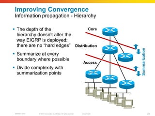 Improving Convergence
 Information propagation - Hierarchy

 The depth of the                 Core
  hierarchy doesn’t alter the
  way EIGRP is deployed;
  there are no “hard edges” Distribution




                                                                                         Summarization
 Summarize at every
  boundary where possible
                                                                           Access
 Divide complexity with
  summarization points




 BRKRST-3372   © 2010 Cisco and/or its affiliates. All rights reserved.   Cisco Public                   27
 