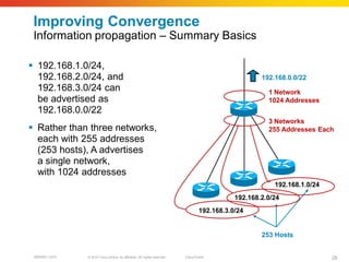 Improving Convergence
 Information propagation – Summary Basics

 192.168.1.0/24,
  192.168.2.0/24, and                                                                                192.168.0.0/22
  192.168.3.0/24 can                                                                                   1 Network
  be advertised as                                                                                     1024 Addresses
  192.168.0.0/22
                                                                                                       3 Networks
 Rather than three networks,                                                                          255 Addresses Each
  each with 255 addresses
  (253 hosts), A advertises
  a single network,
  with 1024 addresses
                                                                                                         192.168.1.0/24
                                                                                             192.168.2.0/24
                                                                                  192.168.3.0/24


                                                                                                     253 Hosts


 BRKRST-3372   © 2010 Cisco and/or its affiliates. All rights reserved.   Cisco Public                                    28
 