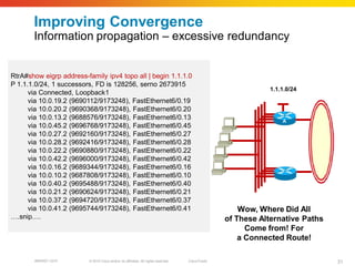 Improving Convergence
       Information propagation – excessive redundancy

RtrA#show ip route | begin 1.1.1.0
RtrA#show eigrp address-family ipv4 topo all | begin 1.1.1.0
C      1.1.1.0 is directly connected, Loopback1
P 1.1.1.0/24, 1 successors, FD is 128256, serno 2673915
….snip….                                                                                                      1.1.1.0/24
      via Connected, Loopback1
      via 10.0.19.2 (9690112/9173248), FastEthernet6/0.19
      via 10.0.20.2 (9690368/9173248), FastEthernet6/0.20
      via 10.0.13.2 (9688576/9173248), FastEthernet6/0.13                                                         A
      via 10.0.45.2 (9696768/9173248), FastEthernet6/0.45
      via 10.0.27.2 (9692160/9173248), FastEthernet6/0.27
      via 10.0.28.2 (9692416/9173248), FastEthernet6/0.28
      via 10.0.22.2 (9690880/9173248), FastEthernet6/0.22
RtrA#show ip eigrp(9696000/9173248), FastEthernet6/0.42
      via 10.0.42.2 topo | begin 1.1.1.0
      via 10.0.16.2 (9689344/9173248), FastEthernet6/0.16
P 1.1.1.0/24, 1 successors, FD is 128256
      via 10.0.10.2 (9687808/9173248), FastEthernet6/0.10
      via Connected, Loopback1
      via 10.0.40.2 (9695488/9173248), FastEthernet6/0.40
P 10.0.11.0/24, 1 successors, FD is 9048064
      via 10.0.21.2 (9690624/9173248), FastEthernet6/0.21
….snip….
      via 10.0.37.2 (9694720/9173248), FastEthernet6/0.37
     via 10.0.41.2 (9695744/9173248), FastEthernet6/0.41                                               Wow, Where Did All
….snip….                                                                                           of These Alternative Paths
                                                                                                         Come from! For
                                                                                                       a Connected Route!

       BRKRST-3372       © 2010 Cisco and/or its affiliates. All rights reserved.   Cisco Public                                31
 