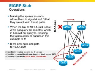 EIGRP Stub
   Operations

   Marking the spokes as stubs
    allows them to signal A and B that




                                                                                    10.1.1.0/24
    they are not valid transit paths
                                                                                                  A   B
   When the link to 10.1.1.0/24 is lost,
    A will not query the remotes, which
    in turn will not query B, reducing
    the total number of queries in this
    example to 1!
   B will only have one path
    to 10.1.1.0/24
S(config)#router eigrp nw-1-spoke
S(config-router)#address-family ipv6 auto 6473
S(config-router)#eigrp stub connected




   BRKRST-3372   © 2010 Cisco and/or its affiliates. All rights reserved.   Cisco Public                  40
 
