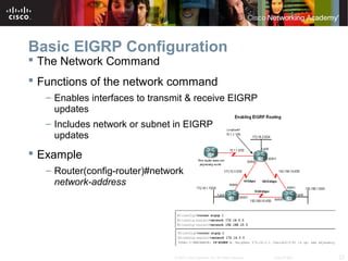 23© 2007 Cisco Systems, Inc. All rights reserved. Cisco Public
Basic EIGRP Configuration
 The Network Command
 Functions of the network command
– Enables interfaces to transmit & receive EIGRP
updates
– Includes network or subnet in EIGRP
updates
 Example
– Router(config-router)#network
network-address
 