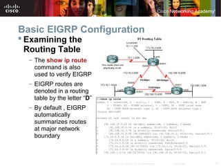 27© 2007 Cisco Systems, Inc. All rights reserved. Cisco Public
Basic EIGRP Configuration
 Examining the
Routing Table
– The show ip route
command is also
used to verify EIGRP
– EIGRP routes are
denoted in a routing
table by the letter “D”
– By default , EIGRP
automatically
summarizes routes
at major network
boundary
 