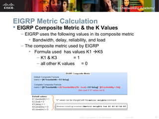 30© 2007 Cisco Systems, Inc. All rights reserved. Cisco Public
EIGRP Metric Calculation
 EIGRP Composite Metric & the K Values
– EIGRP uses the following values in its composite metric
• Bandwidth, delay, reliability, and load
– The composite metric used by EIGRP
• Formula used has values K1 K5
– K1 & K3 = 1
– all other K values = 0
 