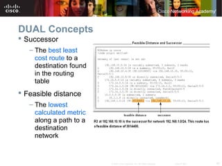 40© 2007 Cisco Systems, Inc. All rights reserved. Cisco Public
DUAL Concepts
 Successor
– The best least
cost route to a
destination found
in the routing
table
 Feasible distance
– The lowest
calculated metric
along a path to a
destination
network
 