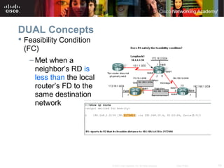 43© 2007 Cisco Systems, Inc. All rights reserved. Cisco Public
DUAL Concepts
 Feasibility Condition
(FC)
– Met when a
neighbor’s RD is
less than the local
router’s FD to the
same destination
network
 