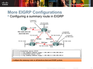 54© 2007 Cisco Systems, Inc. All rights reserved. Cisco Public
More EIGRP Configurations
 Configuring a summary route in EIGRP
 