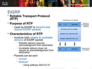 9© 2007 Cisco Systems, Inc. All rights reserved. Cisco Public
EIGRP
 Reliable Transport Protocol
(RTP)
 Purpose of RTP
– Used by EIGRP to transmit and
receive EIGRP packets
 Characteristics of RTP
– Involves both reliable & unreliable
delivery of EIGRP packet
• Reliable delivery requires
acknowledgment from destination
• Unreliable delivery does not
require an acknowledgement from
destination
– Packets can be sent
• Unicast
• Multicast
– Using address 224.0.0.10
 