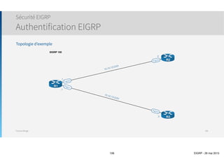 Thomas Moegli
๏ Stopper l’envoi de messages Hello EIGRP sur une interface précise
๏ Empêche ainsi de former un voisinage sur le lien en question
๏ Par exemple, si l’interface est connectée à un ISP
๏ Commande passive-interface interface-type interface-number
Sécurité EIGRP
Contrôler le trafic EIGRP
106
Réseau X Réseau Y
R6R4
R7R3R1
R2
EIGRP
Hello
EIGRP
Hello
EIGRP
Hello
EIGRP
Hello
EIGRP
Hello
EIGRP
Hello
Router(config)# router eigrp as-number
Router(config-router)# passive-interface interface-type interface-number
 