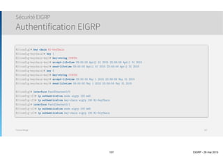 Thomas Moegli
๏ Cisco Best Practice : Il est possible de désactiver l’envoi de messages EIGRP sur toutes les interfaces par
défaut
๏ Commande passive-interface default
๏ Il est nécessaire, sur chaque interface qui est utilisé par EIGRP, d’annuler la configuration par la commande
d’interface no passive-interface id_interface
Sécurité EIGRP
Contrôler le trafic EIGRP
107
 