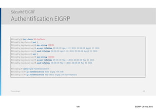 Thomas Moegli
๏ Il existe deux types d’authentification
๏ Plain-text authentication : la clé est envoyée avec le message sans chiffrement
๏ Hashing authentication : une opération de hachage est effectuée avec la clé avant émission du paquet
๏ Dans les deux types d’authentification, il est nécessaire de configurer une clé ou passphrase
Sécurité EIGRP
Authentification : Types
109
 