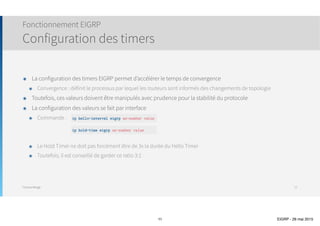 Thomas Moegli
๏ Hello Timer
๏ Intervalle entre deux messages Hello
๏ Par défaut
๏ 5 secondes : Réseaux à diffusion (Ethernet, Token Ring, FDDI)
๏ 60 secondes : Réseaux NBMA dont la bande passante inférieure à T1
๏ Configuration
๏ Commande d’interface : ip hello-interval eigrp as-number value
๏ Hold Timer
๏ Temps d’attente de la réception d’un message Hello avant de déclarer le voisin comme mort
๏ Par défaut, 3x Hello Timer
๏ Configuration
๏ Commande d’interface : ip hold-time eigrp as-number value
๏ EIGRP ne requiert pas que les valeurs des timers doivent être identiques entre voisins
๏ Déconseillé : Peut engendrer des problèmes si mauvais choix
Fonctionnement EIGRP
Timers EIGRP
11
ip hello-interval eigrp as-number value
ip hold-time eigrp as-number value
 
