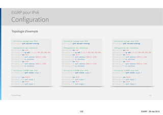 Thomas Moegli
Sécurité EIGRP
Authentification EIGRP : Vérification
123
R1# show key chain
Key-chain R1-KeyChain:
key 1 -- text "CISCO1"
accept lifetime (09:00:00 UTC Apr 1 2015) - (23:59:59 UTC May 1 2015) [valid now]
send lifetime (09:00:00 UTC Apr 1 2015) - (23:59:59 UTC May 1 2015) [valid now]
key 2 -- text "CISCO2"
accept lifetime (09:00:00 UTC May 1 2015) - (23:59:59 UTC May 31 2015)
send lifetime (09:00:00 UTC May 1 2015) - (23:59:59 UTC May 31 2015)
 