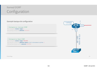 Thomas Moegli
๏ Etapes
๏ Activer le routage des paquets unicast sous IPv6
๏ ipv6 unicast-routing
๏ Attribuez aux interfaces une adresse IPv6
๏ ipv6
๏ Activer EIGRP sous IPv6 et spécifier l’AS
๏ ipv6 router eigrp as-number
๏ (Optionnel) : Configurer le Router ID EIGRP explicitement
๏ eigrp router-id ipv4-address
๏ Configurer les interfaces pour activer EIGRP sur celles-ci
๏ interface S1/0 
ipv6 eigrp as-number
EIGRP pour IPv6
Configuration
134
Router(config)# ipv6 unicast-routing
Router(config)# ipv6 address ip-address/mask
Router(config)# ipv6 router eigrp as-number
Router(config-router)# eigrp router-id ipv4-address
Router(config)# interface id-interface
Router(config-if)# ipv6 eigrp as-number
 