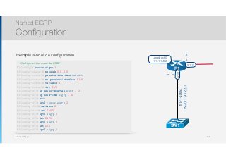 Thomas Moegli
Exemple avancé de configuration
Named EIGRP
Configuration
148
R1
F0/0
S1/0
Loopback0
1.1.1.1/32
10.1.1
2002
172.16.1.0/24
2001::/64
.1
1
.1
1
SW1
! Configuration avancée EIGRP
R1(config)# router eigrp 1
R1(config-router)# network 0.0.0.0
R1(config-router)# passive-interface default
R1(config-router)# no passive-interface S1/0
R1(config-router)# variance 2
R1(config-router)# int S1/0
R1(config-if)# ip hello-interval eigrp 1 2
R1(config-if)# ip hold-time eigrp 1 10
R1(config-if)# exit
R1(config-if)# ipv6 router eigrp 2
R1(config-rtr)# variance 2
R1(config-rtr)# int Fa0/0
R1(config-if)# ipv6 eigrp 2
R1(config-if)# int S1/0
R1(config-if)# ipv6 eigrp 2
R1(config-if)# int Lo0
R1(config-if)# ipv6 eigrp 2
 