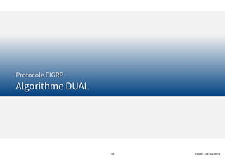 Thomas Moegli
Fonctionnement EIGRP
Métrique EIGRP
19
Corp# show ip protocols
Routing Protocol is "eigrp 20"
Outgoing update filter list for all interfaces is not set
Incoming update filter list for all interfaces is not set
Default networks flagged in outgoing updates
Default networks accepted from incoming updates
EIGRP metric weight K1=1, K2=0, K3=1, K4=0, K5=0
EIGRP maximum hopcount 100
EIGRP maximum metric variance 1
Redistributing: eigrp 20
EIGRP NSF-aware route hold timer is 240s
Automatic network summarization is not in effect
Maximum path: 4
Routing for Networks:
10.0.0.0
172.16.0.0
Passive Interface(s):
Loopback0
Loopback1
…
 
