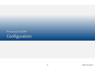 Thomas Moegli
Avec Feasible Successor
Algorithme DUAL
Successor et Feasible Successor (FS)
31
Réseau X Réseau Y
1000
R6R4
R7R3R1
R2
1000
1500
1000
3000
2000
2000
Réseau X Réseau Y
1000
R6R4
R7R3R1
R2
1000
1500
1000
3000
2000
2000
2500
Sans Feasible Successor
Envoi requêtes
 