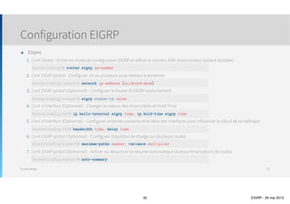 Thomas Moegli
๏ Contient la liste des routes apprises par EIGRP ainsi que les voisins
๏ Afficher la table de topology
๏ show ip eigrp topology : Affiche tous les Successor et les Feasible Successor pour les routes apprises
๏ show ip eigrp topology all-links : Affiche tous les voisins pour chaque route apprise
Algorithme DUAL
Topology Table
32
 