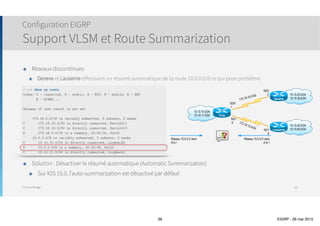 Thomas Moegli
๏ Pourquoi pas TCP ?
๏ RTP doit s’appuyer indifféremment sur IP, IPX, AppleTalk (argument obsolète désormais)
๏ TCP en mode connecté ne permet pas de multicast
๏ Protocole n° 88
๏ Adresse de multicast : 224.0.0.10 (All EIGRP Routers)
๏ Particularités
๏ Garantie de remise
๏ Les routeurs acquittent un paquet RTP reçu en multicast par un paquet unicast
๏ Garantie de séquencement
๏ Chaque paquet contient deux numéros de séquence (un pour les paquets émis, un pour les paquets reçus)
๏ Transport sans garantie
๏ Fonctionne comme UDP, paquets ne possèdent pas de numéro de séquence
Structure EIGRP
Protocole de transport RTP
36
 