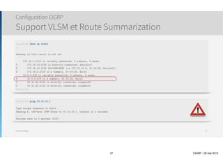 Thomas Moegli
Structure EIGRP
Echanges EIGRP
37
R1 R2
Neighbor Discovery (Hello)
Full Routing Update
Continuous Hellos
Partial Updates
(Status changes and New Subnet infos)
Neighbor Discovery (Hello)
Full Routing Update
Continuous Hellos
Partial Updates
(Status changes and New Subnet infos)
Reliable
Update
 