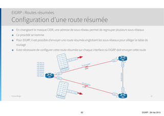 Thomas Moegli
Configuration EIGRP
Configuration d’un voisin statique
62
R1
R2
R3
R4
10.10.15.5/29
S0/0.1
10.10.15.1/29
S0/0/0.5
R5
Frame
Relay
R1(config)# router eigrp 100
R1(config-router)# neighbor 10.10.15.5 Serial0/0/0.5
R5(config)# router eigrp 100
R5(config-router)# neighbor 10.10.15.1 Serial0/0.1
 