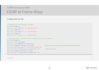 Thomas Moegli
EIGRP : Routes résumées
Configuration d’une route résumée
69
172.16.1.0/24 
172.16.2.0/24 
172.16.3.0/24 
172.16.4.0/24 
172.16.5.0/24 
172.16.6.0/24 
172.16.7.0/24 
172.16.8.0/24
172.16.1.0 - 172.16.1.255 
172.16.2.0 - 172.16.2.255 
172.16.3.0 - 172.16.3.255 
172.16.4.0 - 172.16.4.255 
172.16.5.0 - 172.16.5.255 
172.16.6.0 - 172.16.6.255 
172.16.7.0 - 172.16.7.255 
172.16.8.0 - 172.16.8.255
Masque /24
 