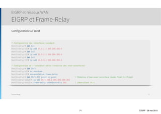 Thomas Moegli
EIGRP : Routes résumées
Configuration d’une route résumée
71
172.16.1.0/22 
172.16.2.0/22 
172.16.3.0/22 
172.16.4.0/22 
172.16.5.0/22 
172.16.6.0/22 
172.16.7.0/22 
172.16.8.0/22
172.16.4.0 - 172.16.7.255
Masque /22
172.16.8.0 - 172.16.11.255
172.16.0.0 - 172.16.3.255
 