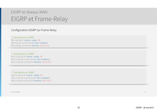 Thomas Moegli
๏ Solution possibles
๏ Désactiver Split Horizon (mauvaise idée)
๏ Configurer des sous-interfaces (nécessite la création de sous-réseaux pour chaque liaison Point-to-Point
EIGRP et réseaux WAN
EIGRP et Frame-Relay
79
HubSpoke 2
Spoke 3
Spoke 1
S1/0.100
S1/0
S1/0
S1/0
10.14.0.0/30
Frame
Relay
.1
.2
.6
.10
S1/0.150
S1/0.200
.5
.910.14.0.4/30
10.14.0.8/30
100
150
200
201
151
101
 