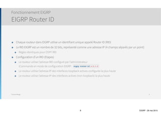 Thomas Moegli
๏ Chaque routeur dans EIGRP utilise un identifiant unique appelé Router ID (RID)
๏ Le RID EIGRP est un nombre de 32 bits, représenté comme une adresse IP (4 champs séparés par un
point)
๏ Règles identiques pour OSPF RID
๏ Configuration d’un RID (Etapes)
๏ Le routeur utilise l’adresse RID configuré par l’administrateur 
(Commande en mode de configuration EIGRP :
๏ ou le routeur utilise l’adresse IP la plus haute des interfaces loopback configurées
๏ ou finalement, le routeur utilise l’adresse IP la plus haute des interfaces actives (non-loopback)
Fonctionnement EIGRP
EIGRP Router ID
8
eigrp router-id a.b.c.d
 