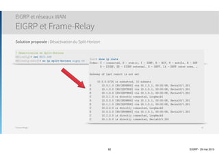 Thomas Moegli
Configuration sur East
EIGRP et réseaux WAN
EIGRP et Frame-Relay
82
! Configuration des interfaces Loopback
East(config)# int Lo1
East(config-if)# ip add 10.2.1.1 255.255.255.0
East(config)# int Lo2
East(config-if)# ip add 10.2.2.1 255.255.255.0
East(config)# int Lo3
East(config-if)# ip add 10.2.3.1 255.255.255.0
! Configuration de l’interface série (création des sous-interfaces)
East(config)# int S0/1
East(config-if)# no shutdown
East(config-if)# encapsulation frame-relay
East(config)# int S0/1.201 point-to-point ! Création d’une sous-interface (mode Point-to-Point)
East(config-subif)# ip add 10.1.102.2 255.255.255.252
East(config-subif)# frame-relay interface-dlci 201 ! Identifiant DLCI
 