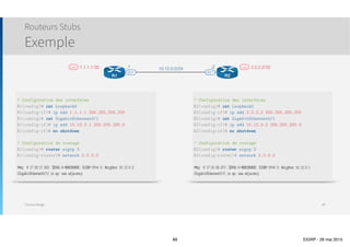 Thomas Moegli
Configuration sur East
EIGRP et réseaux WAN
EIGRP et Frame-Relay
89
! Configuration des interfaces Loopback
East(config)# int Lo1
East(config-if)# ip add 10.2.1.1 255.255.255.0
East(config)# int Lo2
East(config-if)# ip add 10.2.2.1 255.255.255.0
East(config)# int Lo3
East(config-if)# ip add 10.2.3.1 255.255.255.0
! Configuration de l’interface série
East(config)# int S0/1
East(config-if)# no shutdown
East(config-if)# encapsulation frame-relay
East(config)# int S0/1.201 multipoint ! Création d’une sous-interface (mode Multipoint)
East(config-subif)# ip add 10.1.5.1 255.255.255.0
East(config-subif)# frame-relay map ip 10.1.5.1 201 broadcast ! Le mot ‘broadcast’ permet aux messages Multicast d’EIGRP de
East(config-subif)# frame-relay map ip 10.1.5.3 201 broadcast ! pouvoir être transportés sur les liens Frame-Relay (il s’agit
! à la base d’un réseau NBMA)
 