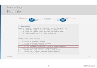 Thomas Moegli
Configuration sur West
EIGRP et réseaux WAN
EIGRP et Frame-Relay
90
! Configuration des interfaces Loopback
West(config)# int Lo1
West(config-if)# ip add 10.3.1.1 255.255.255.0
West(config)# int Lo2
West(config-if)# ip add 10.3.2.1 255.255.255.0
West(config)# int Lo3
West(config-if)# ip add 10.3.3.1 255.255.255.0
! Configuration de l’interface série
West(config)# int S0/1
West(config-if)# no shutdown
West(config-if)# encapsulation frame-relay
West(config)# int S0/1.301 multipoint ! Création d’une sous-interface (mode Multipoint)
West(config-subif)# ip add 10.1.5.3 255.255.255.0
West(config-subif)# frame-relay map ip 10.1.5.1 301 broadcast ! Le mot ‘broadcast’ permet aux messages Multicast d’EIGRP de
West(config-subif)# frame-relay map ip 10.1.5.2 301 broadcast ! pouvoir être transportés sur les liens Frame-Relay (il s’agit
! à la base d’un réseau NBMA)
 