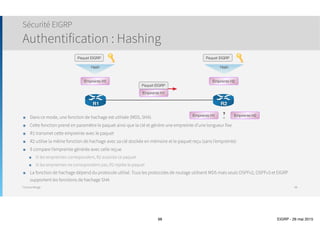Thomas Moegli
๏ Ce processus de convergence peut être
problématique sur des réseaux avec des
sites distants connectés sur des liens à
faible débit
๏ Exemple de topologie
๏ WAN1 doit envoyer à tous ses liens distants
un message QUERY
๏ Chaque branche répond
๏ EIGRP utilise le protocole RTP pour l’envoi
des messages QUERY et REPLY, ce qui
implique que chaque message est acquitté
๏ Le trafic généré peut être relativement
important
Convergence et status Active
98
Core1
Core2
B1
B2
B3
B4
B5
B6
WAN1
WAN2
 