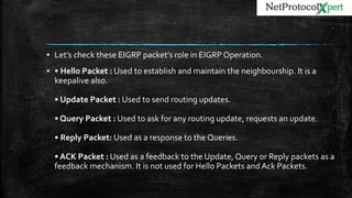 ▪ Let’s check these EIGRP packet’s role in EIGRP Operation.
▪ • Hello Packet : Used to establish and maintain the neighbourship. It is a
keepalive also.
• Update Packet : Used to send routing updates.
• Query Packet : Used to ask for any routing update, requests an update.
• Reply Packet: Used as a response to the Queries.
• ACK Packet : Used as a feedback to the Update, Query or Reply packets as a
feedback mechanism. It is not used for Hello Packets and Ack Packets.
 