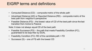 EIGRP terms and definitions
• Computed Distance (CD) – composite metric of the whole path
• Advertised Distance (AD) or Reported Distance (RD) – composite metric of the
best path from neighbor’s perspective
• Feasible Distance (FD) – the lowest value of CD of the best path since the last
transition from Active to Passive
Note: It does not always equal CD of the best path
• Feasible Successor (FS) – the path that meets Feasibility Condition (FC),
guaranteed to be loop-free by DUAL
• Feasibility Condition (FC): RD of the candidate path < FD
• Successor (S) – one of FS with the lowest CD
11
 