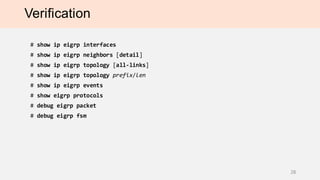 Verification
# show ip eigrp interfaces
# show ip eigrp neighbors [detail]
# show ip eigrp topology [all-links]
# show ip eigrp topology prefix/len
# show ip eigrp events
# show eigrp protocols
# debug eigrp packet
# debug eigrp fsm
28
 
