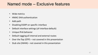 Named mode – Exclusive features
• Wide metrics
• HMAC-SHA authentication
• Add-path
• Disabling EIGRP on specific interface
• Default interface settings (af-interface default)
• Unique IPv6 behavior
• Default taggingall internal and external routes
• Over the Top (OTP) – not covered in this presentation
• Stub site (IWAN) – not covered in this presentation
37
 