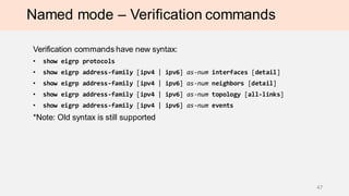 Named mode – Verification commands
Verification commands have new syntax:
• show eigrp protocols
• show eigrp address-family [ipv4 | ipv6] as-num interfaces [detail]
• show eigrp address-family [ipv4 | ipv6] as-num neighbors [detail]
• show eigrp address-family [ipv4 | ipv6] as-num topology [all-links]
• show eigrp address-family [ipv4 | ipv6] as-num events
*Note: Old syntax is still supported
47
 