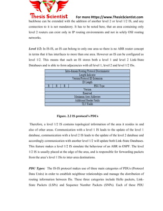 For more Https://www.ThesisScientist.com
backbone can be extended with the addition of another level 2 or level 1/2 IS, and any
connection to it is not mandatory. It has to be noted here, that an area containing only
level 2 routers can exist only in IP routing environments and not in solely OSI routing
networks.
Level 1/2: In IS-IS, an IS can belong to only one area so there is no ABR router concept
in terms that it has interfaces to more than one area. However an IS can be configured as
level 1/2. This means that such an IS stores both a level 1 and level 2 Link-State
Databases and is able to form adjacencies with all level 1, level 2 and level 1/2 ISs.
Figure. 2.2 IS protocol’s PDUs
Therefore, a level 1/2 IS contains topological information of the area it resides in and
also of other areas. Communication with a level 1 IS leads to the update of the level 1
database, communication with a level 2 IS leads to the update of the level 2 database and
accordingly communication with another level 1/2 will update both Link-State Databases.
This feature makes a level 1/2 IS simulate the behaviour of an ABR in OSPF. The level
1/2 IS is usually placed at the edge of the area, and is responsible for forwarding packets
from the area’s level 1 ISs to inter-area destinations.
PDU Types: The IS-IS protocol makes use of three main categories of PDUs (Protocol
Data Units) in order to establish neighbour relationships and manage the distribution of
routing information between ISs. These three categories include Hello packets, Link-
State Packets (LSPs) and Sequence Number Packets (SNPs). Each of these PDU
 