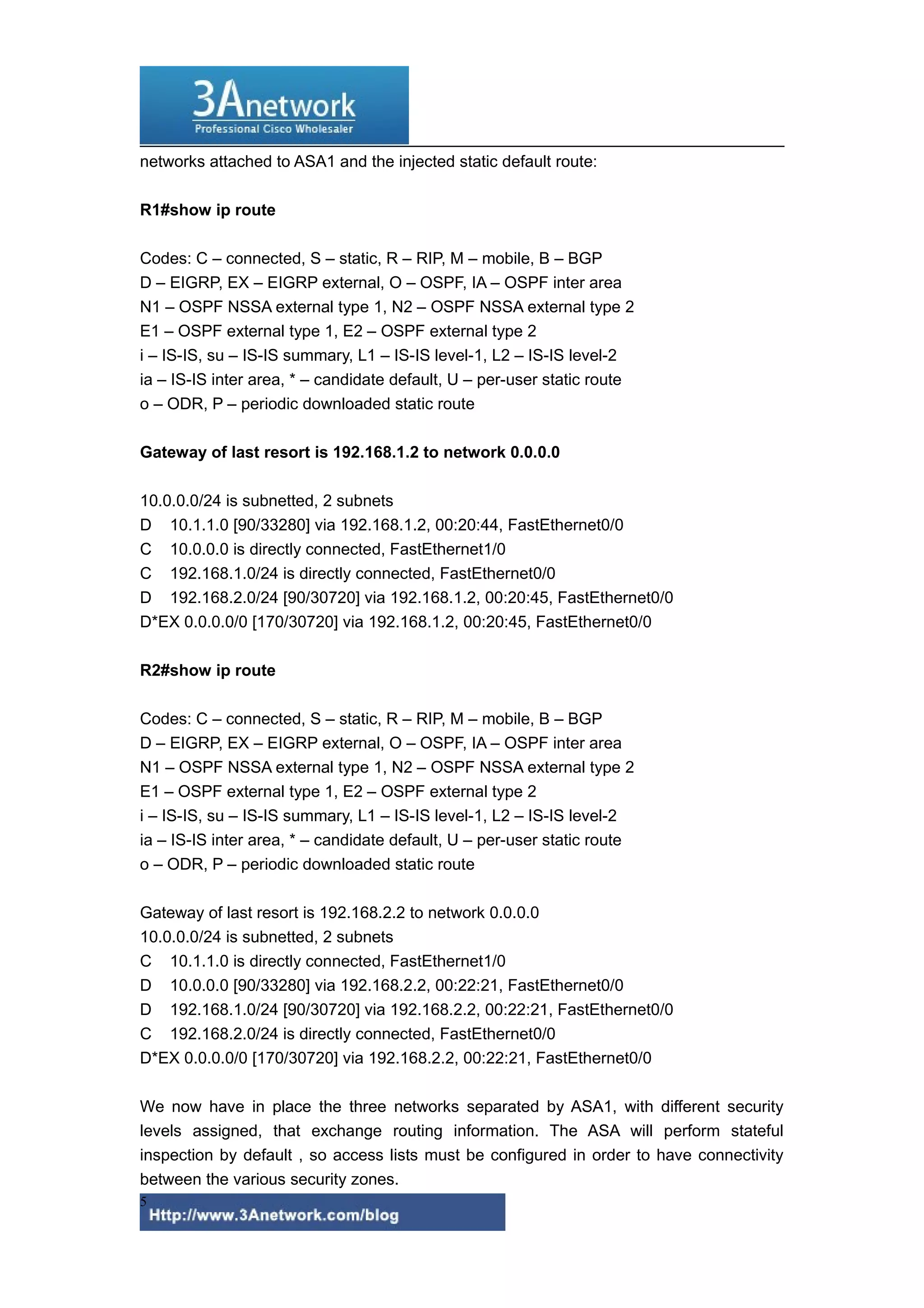 networks attached to ASA1 and the injected static default route:
R1#show ip route
Codes: C – connected, S – static, R – RIP, M – mobile, B – BGP
D – EIGRP, EX – EIGRP external, O – OSPF, IA – OSPF inter area
N1 – OSPF NSSA external type 1, N2 – OSPF NSSA external type 2
E1 – OSPF external type 1, E2 – OSPF external type 2
i – IS-IS, su – IS-IS summary, L1 – IS-IS level-1, L2 – IS-IS level-2
ia – IS-IS inter area, * – candidate default, U – per-user static route
o – ODR, P – periodic downloaded static route
Gateway of last resort is 192.168.1.2 to network 0.0.0.0
10.0.0.0/24 is subnetted, 2 subnets
D 10.1.1.0 [90/33280] via 192.168.1.2, 00:20:44, FastEthernet0/0
C 10.0.0.0 is directly connected, FastEthernet1/0
C 192.168.1.0/24 is directly connected, FastEthernet0/0
D 192.168.2.0/24 [90/30720] via 192.168.1.2, 00:20:45, FastEthernet0/0
D*EX 0.0.0.0/0 [170/30720] via 192.168.1.2, 00:20:45, FastEthernet0/0
R2#show ip route
Codes: C – connected, S – static, R – RIP, M – mobile, B – BGP
D – EIGRP, EX – EIGRP external, O – OSPF, IA – OSPF inter area
N1 – OSPF NSSA external type 1, N2 – OSPF NSSA external type 2
E1 – OSPF external type 1, E2 – OSPF external type 2
i – IS-IS, su – IS-IS summary, L1 – IS-IS level-1, L2 – IS-IS level-2
ia – IS-IS inter area, * – candidate default, U – per-user static route
o – ODR, P – periodic downloaded static route
Gateway of last resort is 192.168.2.2 to network 0.0.0.0
10.0.0.0/24 is subnetted, 2 subnets
C 10.1.1.0 is directly connected, FastEthernet1/0
D 10.0.0.0 [90/33280] via 192.168.2.2, 00:22:21, FastEthernet0/0
D 192.168.1.0/24 [90/30720] via 192.168.2.2, 00:22:21, FastEthernet0/0
C 192.168.2.0/24 is directly connected, FastEthernet0/0
D*EX 0.0.0.0/0 [170/30720] via 192.168.2.2, 00:22:21, FastEthernet0/0
We now have in place the three networks separated by ASA1, with different security
levels assigned, that exchange routing information. The ASA will perform stateful
inspection by default , so access lists must be configured in order to have connectivity
between the various security zones.
5

 