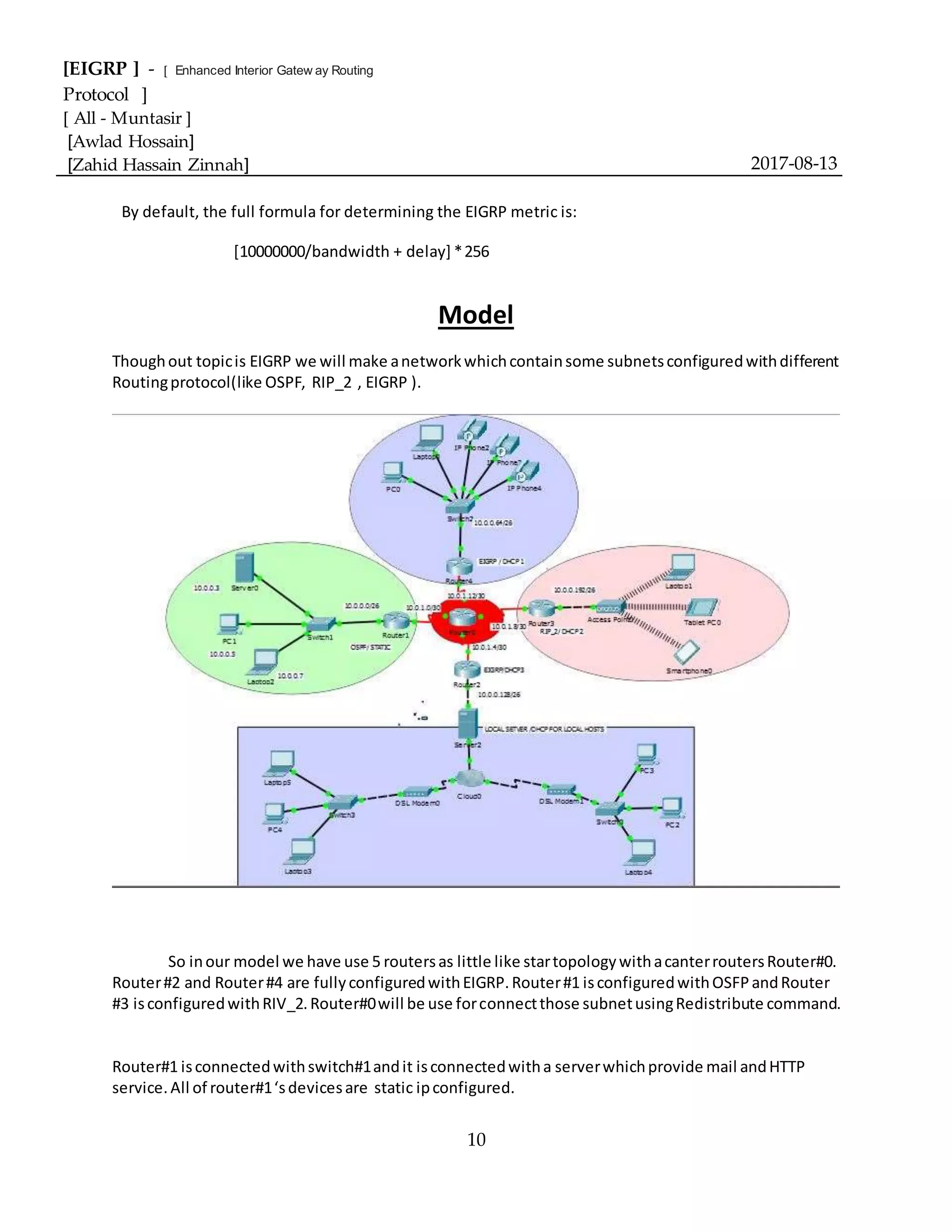 [EIGRP ] - [ Enhanced Interior Gatew ay Routing
Protocol ]
[ All - Muntasir ]
[Awlad Hossain]
[Zahid Hassain Zinnah] 2017-08-13
10
By default, the full formula for determining the EIGRP metric is:
[10000000/bandwidth + delay] *256
Model
Thoughout topicis EIGRP we will make anetworkwhichcontainsome subnetsconfiguredwithdifferent
Routingprotocol(like OSPF, RIP_2 , EIGRP ).
So inour model we have use 5 routersas little like startopologywithacanterroutersRouter#0.
Router#2 and Router#4 are fullyconfiguredwithEIGRP.Router#1 isconfiguredwithOSFPandRouter
#3 isconfiguredwithRIV_2.Router#0will be use forconnectthose subnetusingRedistribute command.
Router#1 isconnectedwithswitch#1andit isconnectedwitha serverwhichprovide mail andHTTP
service.All of router#1‘sdevicesare static ipconfigured.
 