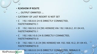• R2#SHOW IP ROUTE
• ... OUTPUT OMMITED ...
• GATEWAY OF LAST RESORT IS NOT SET
• C 192.168.8.0/24 IS DIRECTLY CONNECTED,
FASTETHERNET0/1
• D 192.168.9.0/24 [90/409600] VIA 192.168.8.2, 01:04:43,
FASTETHERNET0/1
• C 192.168.10.0/24 IS DIRECTLY CONNECTED,
FASTETHERNET0/0
• D 192.168.11.0/24 [90/409600] VIA 192.168.10.2, 01:04:43,
FASTETHERNET0/0
• C 192.168.0.0/24 IS DIRECTLY CONNECTED, SERIAL0/0
 