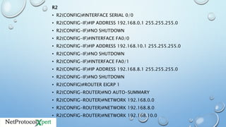 R2
• R2(CONFIG)#INTERFACE SERIAL 0/0
• R2(CONFIG-IF)#IP ADDRESS 192.168.0.1 255.255.255.0
• R2(CONFIG-IF)#NO SHUTDOWN
• R2(CONFIG-IF)#INTERFACE FA0/0
• R2(CONFIG-IF)#IP ADDRESS 192.168.10.1 255.255.255.0
• R2(CONFIG-IF)#NO SHUTDOWN
• R2(CONFIG-IF)#INTERFACE FA0/1
• R2(CONFIG-IF)#IP ADDRESS 192.168.8.1 255.255.255.0
• R2(CONFIG-IF)#NO SHUTDOWN
• R2(CONFIG)#ROUTER EIGRP 1
• R2(CONFIG-ROUTER)#NO AUTO-SUMMARY
• R2(CONFIG-ROUTER)#NETWORK 192.168.0.0
• R2(CONFIG-ROUTER)#NETWORK 192.168.8.0
• R2(CONFIG-ROUTER)#NETWORK 192.168.10.0
 