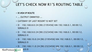 LET’S CHECK NOW R1’S ROUTING TABLE
• R1#SH IP ROUTE
• ... OUTPUT OMMITED ...
• GATEWAY OF LAST RESORT IS NOT SET
• D 192.168.8.0/24 [90/2195456] VIA 192.168.0.1, 00:00:12,
SERIAL0/0
• D 192.168.9.0/24 [90/2323456] VIA 192.168.0.1, 00:00:12,
SERIAL0/0
• D 192.168.10.0/24 [90/2195456] VIA 192.168.0.1, 00:00:12,
SERIAL0/0
• D 192.168.11.0/24 [90/2323456] VIA 192.168.0.1, 00:00:12,
SERIAL0/0
 