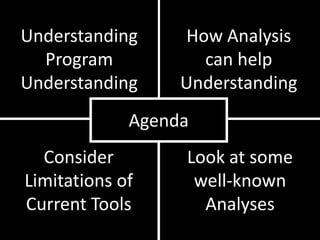 DescriptionIntroductionHow Analysis can helpUnderstandingUnderstanding Program UnderstandingAgendaAgendaEvaluationExamplesConsiderLimitationsofCurrentToolsLook at somewell-known Analyses