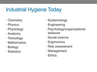 Industrial Hygiene Today
• Chemistry
• Physics
• Physiology
• Anatomy
• Toxicology
• Mathematics
• Biology
• Statistics
• Epidemiology
• Engineering
• Psychology/organizational
behavior
• Social science
• Ergonomics
• Risk assessment
• Management
• Ethics
 