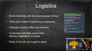 @wearedigitl
http://digitl.agency
Logistics
• Home deliveries still the most popular choice
• “Click and Collect” is growing in popularity
• Collection lockers offer convenience
• Customers will often expect free
delivery regardless of speed
• Parts of the UK are tough to reach
 
