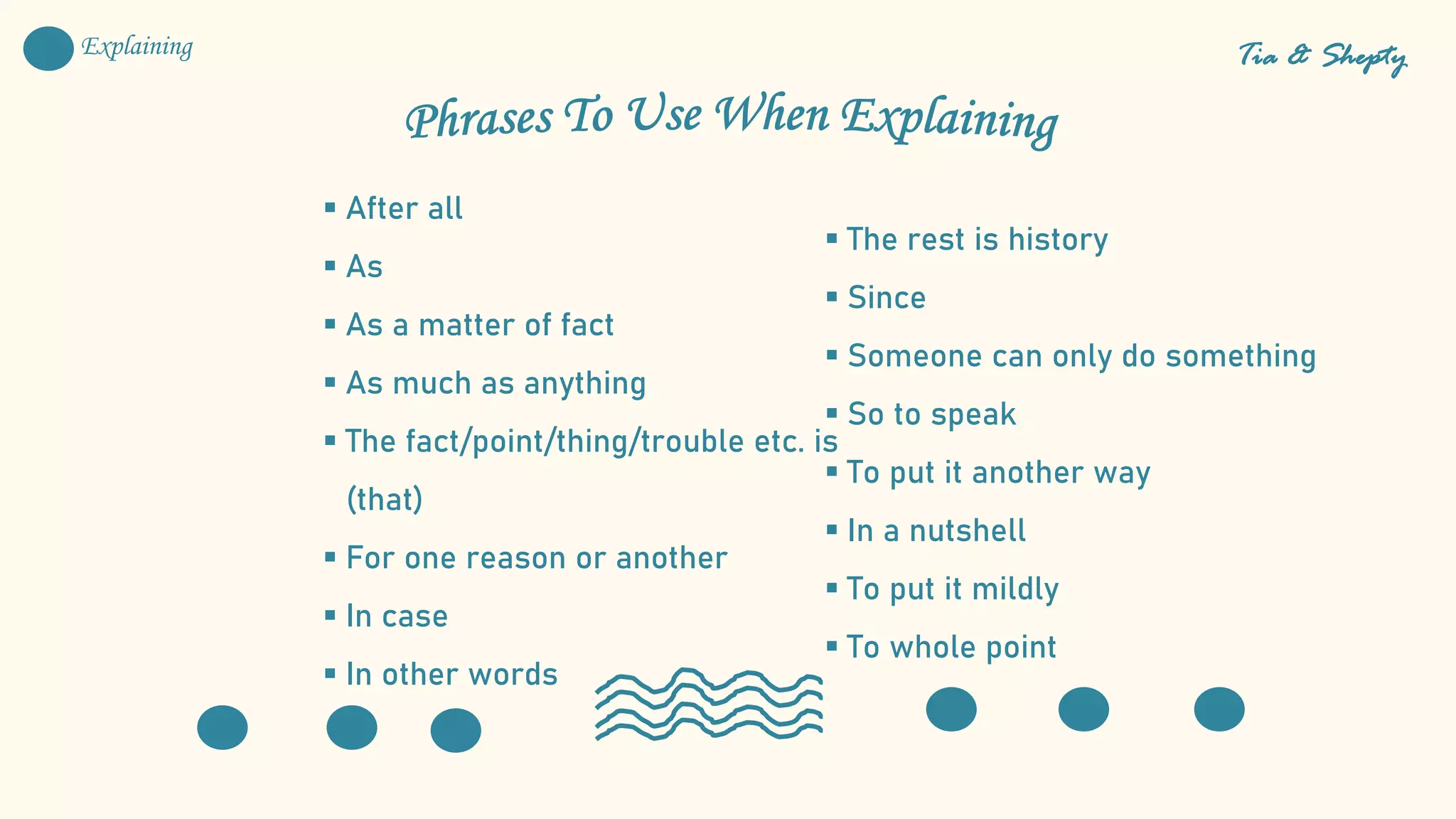 Explaining
 After all
 As
 As a matter of fact
 As much as anything
 The fact/point/thing/trouble etc. is
(that)
 For one reason or another
 In case
 In other words
 The rest is history
 Since
 Someone can only do something
 So to speak
 To put it another way
 In a nutshell
 To put it mildly
 To whole point
Tia & Shepty
 